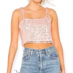 H:ours Revolve Kristen Sequin Crop Top S Ribbon Tie Shoulder Tank Pink Vegas Y2K